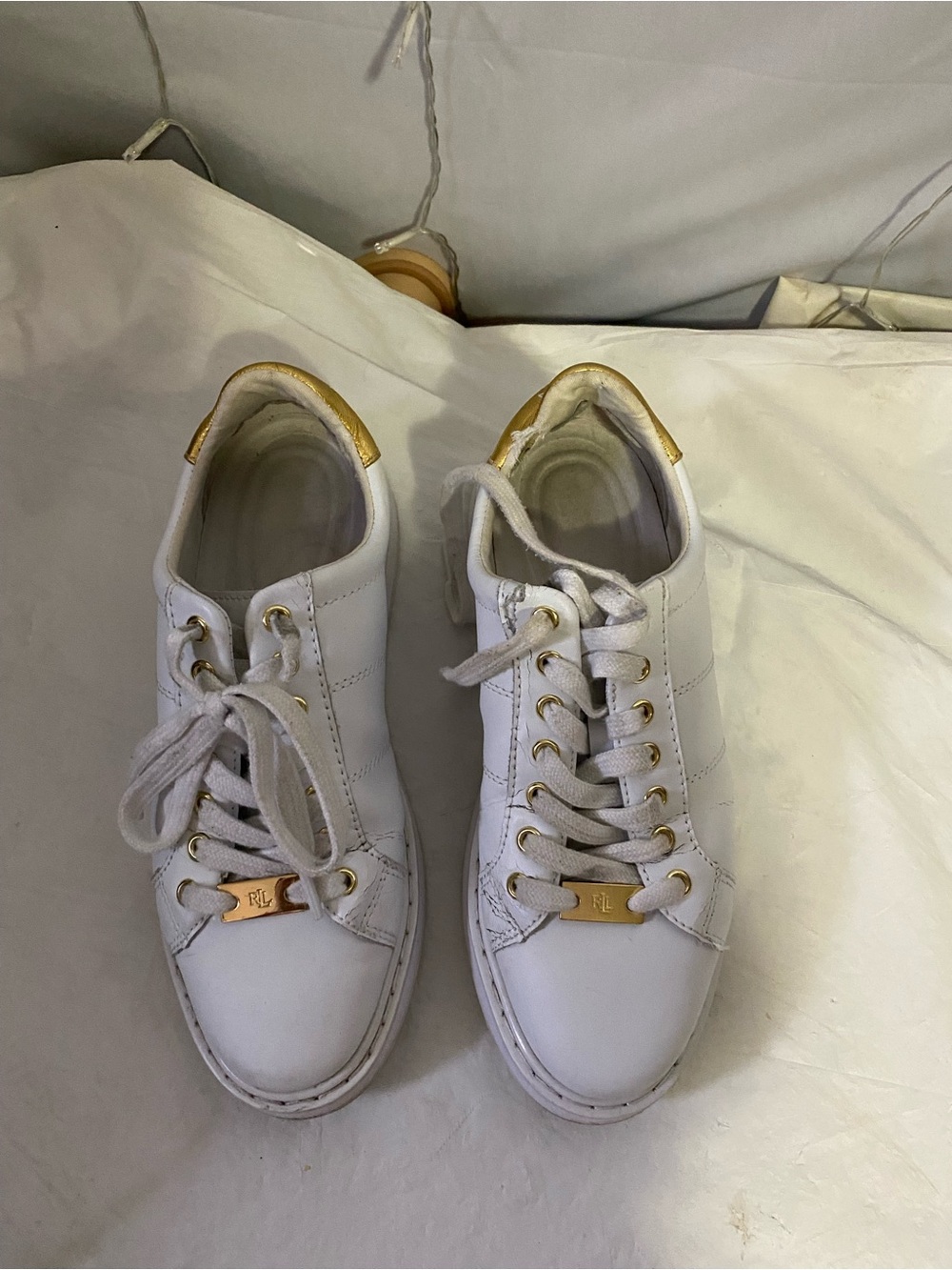 Ralph Lauren White Leather Sneakers with Gold Accents